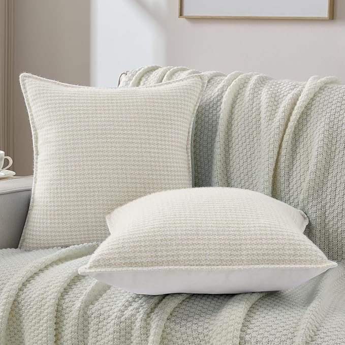 FUTEI Cream Decorative Throw Pillow Covers 20x20 Inch Set of 2,Soft Houndstooth Gingham Textured Cushion Case,Modern Home Decor for Couch Bed Living Room