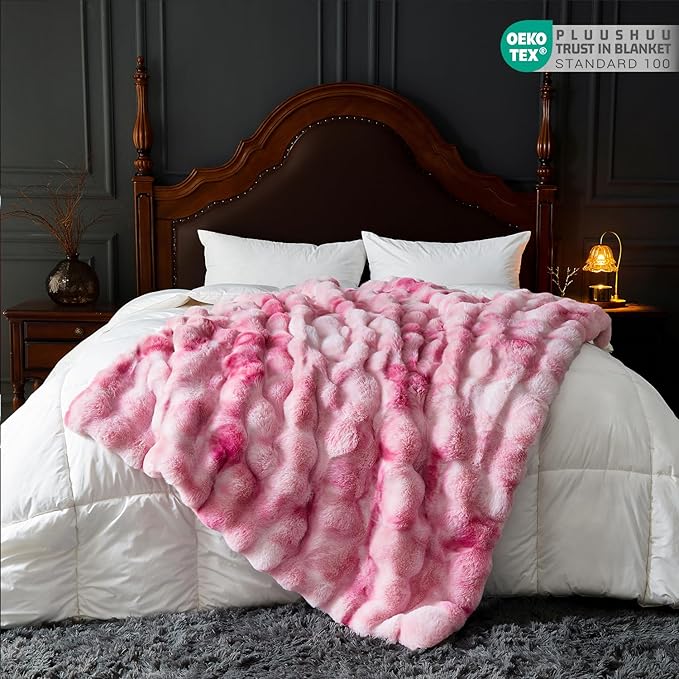 Faux Fur Throw Blanket for Couch, Fluffy Fuzzy Plush Bubble Blanket, Soft Warm Cozy Shaggy Rabbit Blanket, Luxury Decorative Gifts for Sofa Bedroom Living Room, 90x90inch (Tie-Dye-Pink)