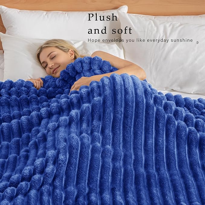 Exclusivo Mezcla King Size Flannel Fleece Blanket, Super Soft Striped Jacquard Bed Blanket, Lightweight Fuzzy Cozy for All Seasons, 90x104 Inches, Cobalt Blue