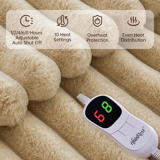Heated Throw Blanket, Faux Fur Cozy Heating Blanket with Overheat Protection, 1/2/4/6/8 Hours Auto-Off 10 Heat Level, Machine Washable (50x60 Inches, Beige)