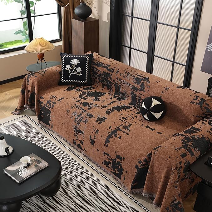 HANDONTIME Abstract Couch Cover for Dogs Brown and Black Couch Cover Blanket for 3 Cushion Sofa Modern Aesthetics Sofa Covers Washable Pet Friendly Chenille Pet Protector Furniture Covers, 71" X 134"