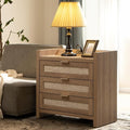 SICOTAS Larger Rattan Night Stand - Tall Nightstands with Type-C Charging Station, 3 Rattan Drawers, Boho Bedside Table End Table with Storage for Bedroom Sofa Couch Office - Oak