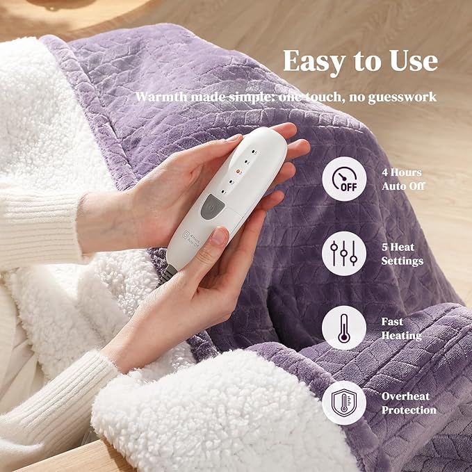 Electric Throw Blanket Heated Throw 50''x60''- Wheat Pattern Flannel & Sherpa Heated Lap Blanket with 5 Heat Settings & 4-Hour Auto Shut-Off, ETL & FCC Certified, Machine Washable Home Use, Lavender