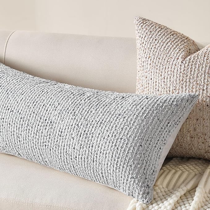 Allorry Decorative Lumbar Pillow Cover 14x36 Blue Striped Wool Long Body Pillow Neutral Textured Boho Lumbar Throw Pillow Cushion Covers for Modern Farmhouse Sofa Bed Living Room Decor SY011-C14
