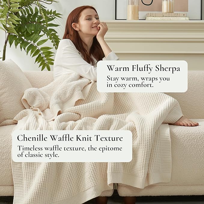 Amélie Home Reversible Waffle Weave Throw Blanket, Chenille Knit with Warm Sherpa, Soft Cozy Blanket for Couch, 50"x60", Ivory