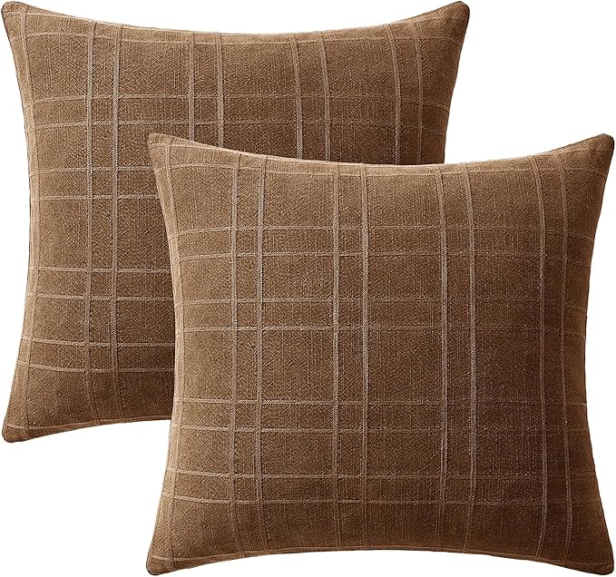 MIULEE Decorative Linen Check Euro Shams Throw Pillow Covers Neutral Farmhouse Vintage Pillow Covers 24x24 Set of 2 Boho Modern Winter Home Decor for Sofa Couch Bedroom Cushion Camel Brown