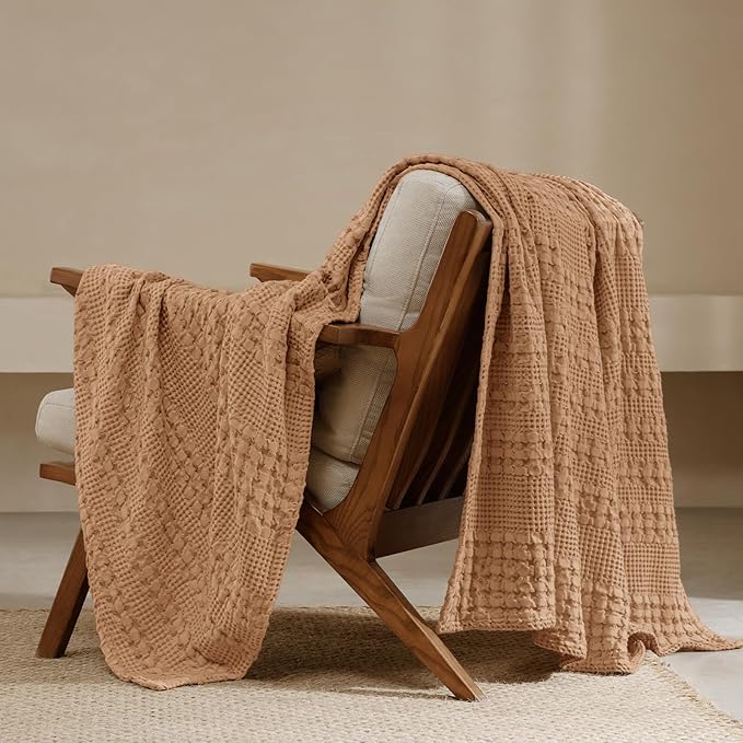 PHF 100% Cotton Waffle Weave Throw Blanket, Soft Lightweight Breathable Cozy Throws for Couch Bed Sofa, Luxury Aesthetic Blanket Gift for Home Decor & Office, 50"x60", Clay