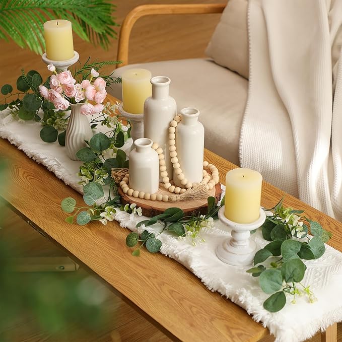 Geelin 6 Pcs Boho Rustic Table Centerpieces, 3 Modern Ceramic Vases, Wooden Slice Tray, Farmhouse Wood Beads Garland with Tassel, Artificial Vines for Dining Home Table Decor(White)