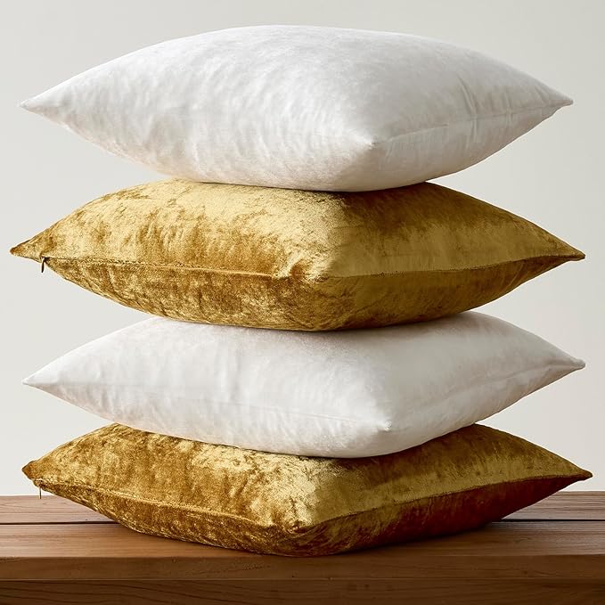 GIGIZAZA Velvet Pillow Covers 20x20,Ivory Gold Soft Throw Pillow Covers Set of 4 Square Decorative Modern Pillows Covers for Living Room