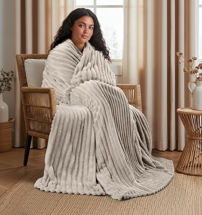 Utopia Bedding Linen Striped Fleece Blanket Throw Size – Fluffy, Warm & Lightweight Ribbed Throw for Bed, Sofa & Chair - Soft Cozy Blanket for Home Décor & Gifting (50x60 Inches)
