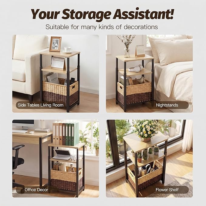 Side Table with Storage Basket and Adjustable Height, Small End Table with Modern Design for Living Room, Bedroom Nightstand Bedside Table for Small Spaces (Light Brown + Classic Black)