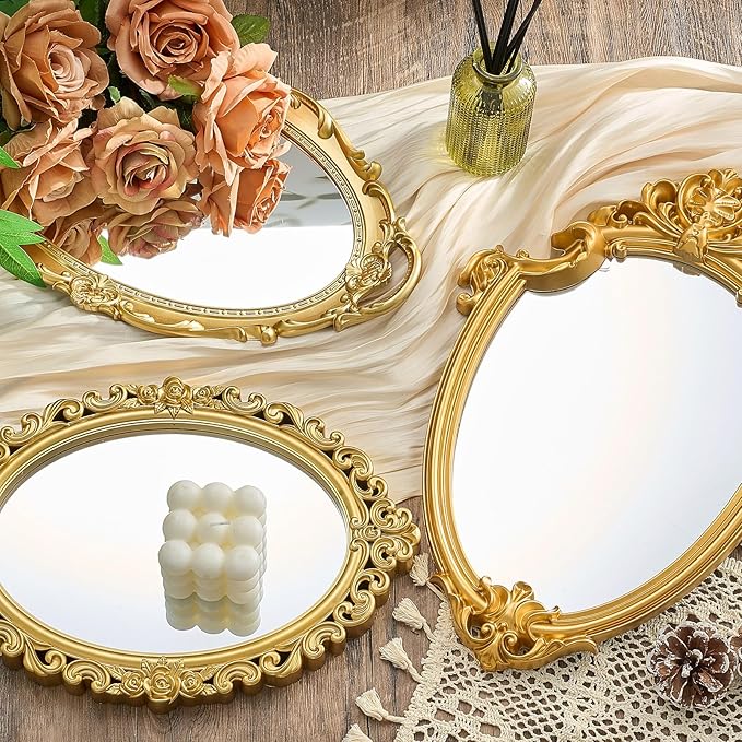 3 Styles Vintage Mirrors Set Decorative Oval Wall Mirror Small Antique Mirrored Tray Decorative Retro Hanging Mirror for Bathroom Bedroom Jewelry Organizer Victorian Decor(Gold)