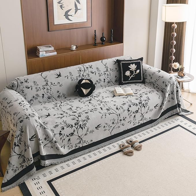 HANDONTIME Couch Cover for Dogs Washable Bird Floral Pattern Slipcovers for Couches and Sofas Grey Sofa Covers with Black Jacquard Flower Chenille Couch Cover Blanket Pet Friendly, 71" X 150"