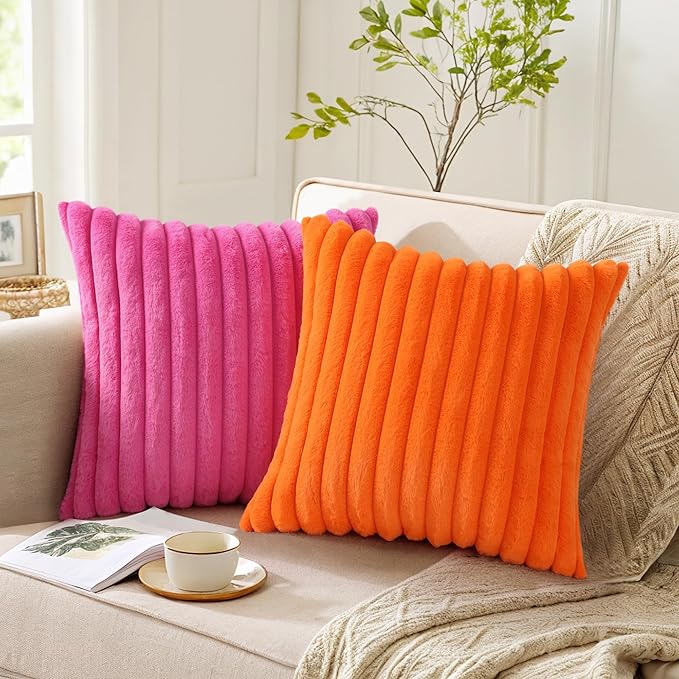 Pallene Faux Fur Plush Throw Pillow Covers 24x24 Set of 2, Luxury Soft Fluffy Striped Decorative Pillow Covers for Sofa, Couch, Living Room, Hot Pink