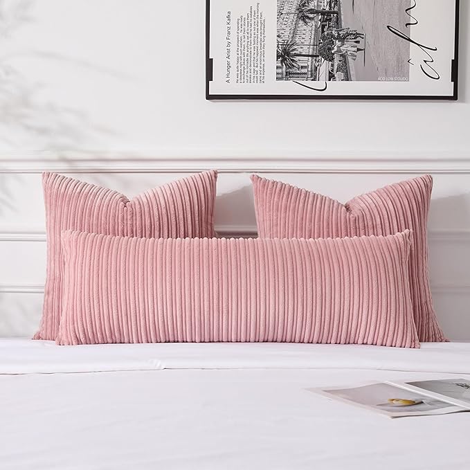 UGASA 14x36 Inch Pillow Cover Pack of 1 Valentine's Day Soft Boho Stripe Corduroy Large Long Rectangular Lumbar Cushion Cover Decorative Throw Pillowcase for Couch Sofa Bedroom Living Room, Baby Pink