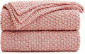 Longhui bedding Dusty Pink Knitted Throw Blanket for Couch, Soft, Cozy Machine Washable 100% Cotton Sofa Knit Blankets, Heavy 2.8lb Weight, 51 x 63 Inches, Pink and White Color, Laundry Bag Included