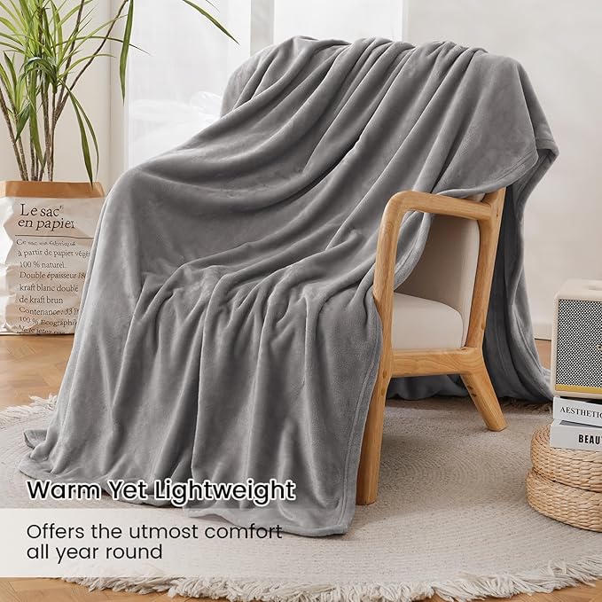 Ultra Soft Fleece Blankets Queen Size, Flannel Fleece Blanket Warm Plush Cozy Blankets for Bed, Fuzzy Soft Blanket for Sofa, Couch, Travel, Camping, 90" X 90", Light Grey