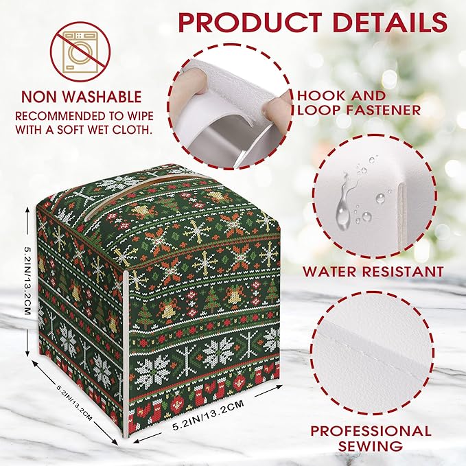 Retro Christmas Tissue Box Cover Holder, Christmas Trees and Snow Tissue Box Cover Leather, Xmas Gift Ideas for Family Friends, Bathroom Kitchen Car Office Home Table Decor(5.2 Inches)-B15
