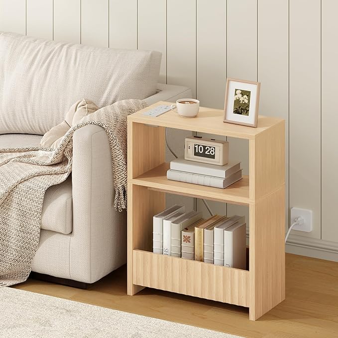 Small Narrow Side Table with Open Storage Shelves, 3-Tier Skinny End Table with Charging Station for Small Space, Slim Nightstand, Skinny Couch Side Table for Living Room, Bedroom, Natural ETNA751E01