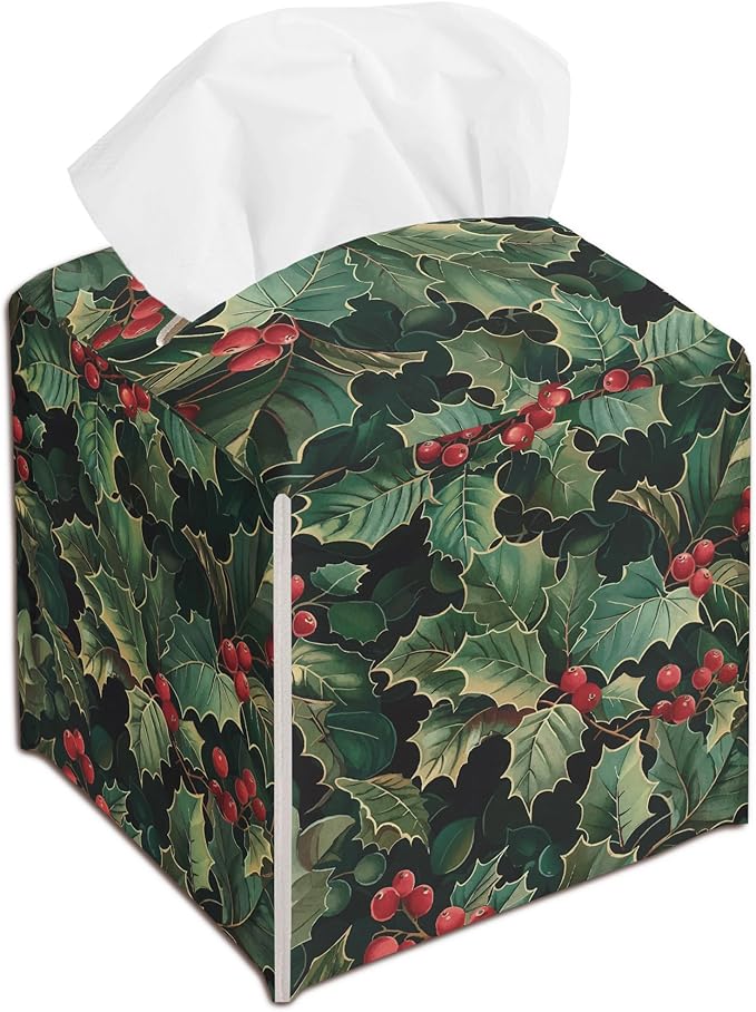 Holly Berries Christmas Tissue Box Cover Holder, Green Leather Tissue Box Cover Square, Xmas Gift Ideas for Family Friends, Bathroom Kitchen Car Office Home Table Decor(5.2 Inches)-B09