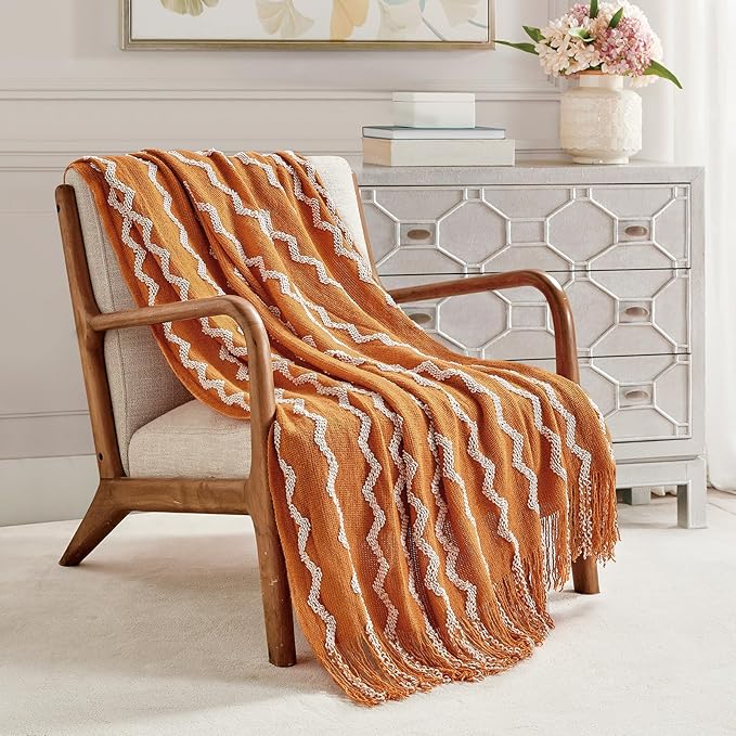 BOURINA Fluffy Chenille Knitted Fringe Throw Blanket Lightweight Soft Cozy for Bed Sofa Chair Throw Blankets, Orange 50" x 60"