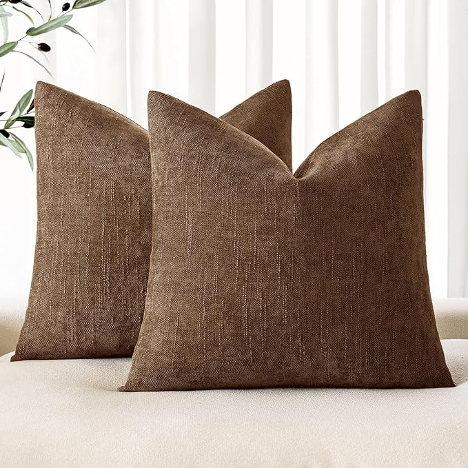 MIULEE Pack of 2 Decorative Throw Pillow Covers Soft Chenille Throw Pillows Solid Neutral Farmhouse Textured Cushion Covers for Couch Sofa Bedroom Living Room 22x22 Inch,Honey Brown