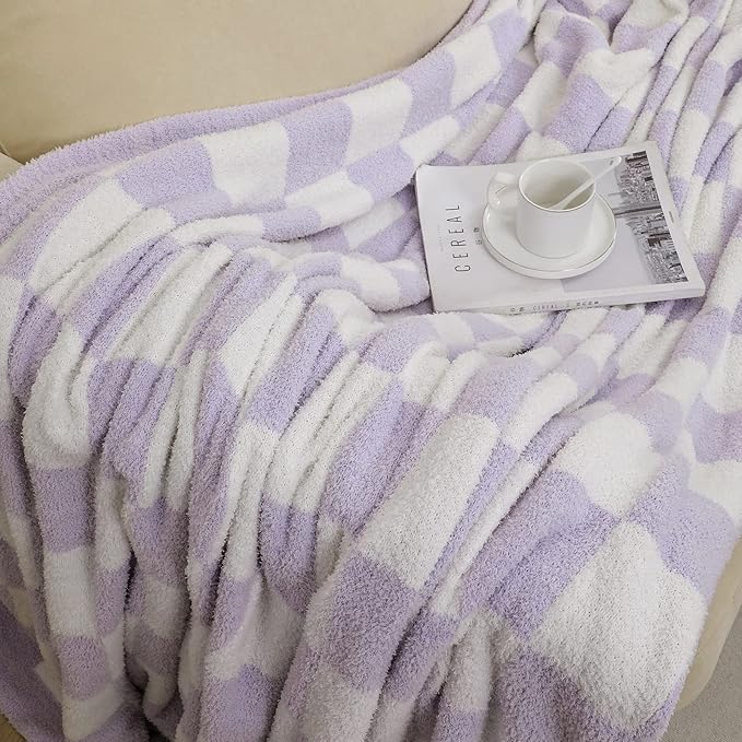 bearberry Fuzzy Checkerboard Grid Throw Blanket Knitted Soft Cozy Warm Microfiber Blanket Decor for Couch Sofa Bed Travel Home (Purple, 40''x50'')