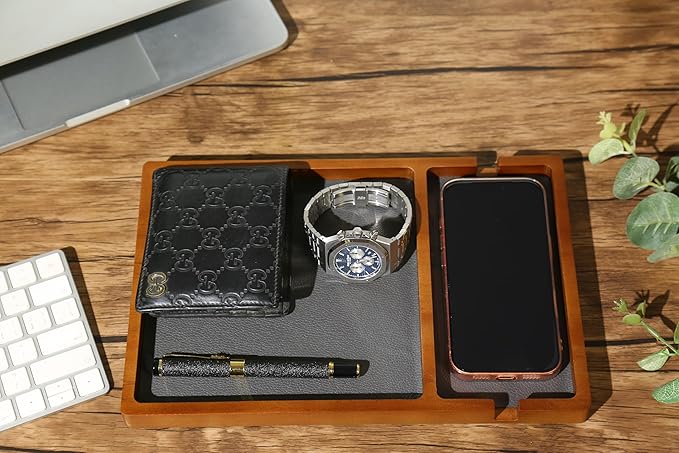 Shinpuru Wooden Valet Tray with Leather Inlay - Nightstand & Desk Organizer - EDC Essentials Catchall Tray for Keys, Phone, Wallet, Watch, Earbuds - Stylish Storage (Wood-Phone)