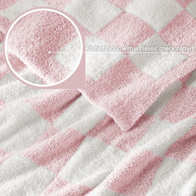 Whale Flotilla Checkered Knit Blanket Twin Size, Ultra Soft Warm Reversible Cozy Decorative Blankets for Couch Sofa and Bed, 60x80 Inch, Pink