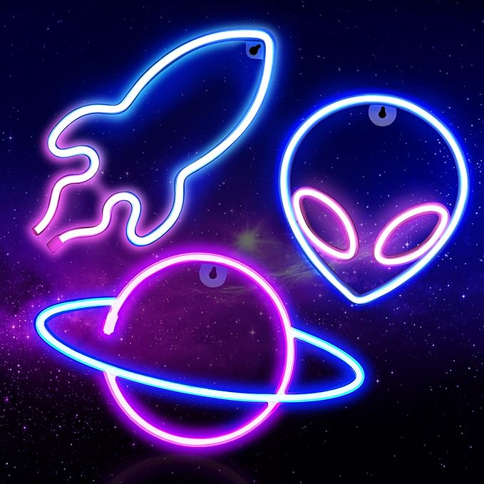 Neon Signs for Wall Decor, 3PCS LED Neon Lights for Bedroom, USB or Battery Powered Light Up Space Themed Alien Planet Rocket for Kids, Teen Boys, Gaming Room, Bar, Birthday, Cool Decoration Aesthetic