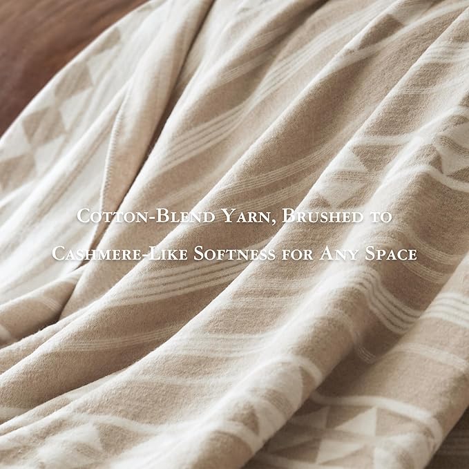 Woolrich Cotton Blend Jacquard Blanket with Whipstitch Edge, Lightweight All-Season Bed Blanket, Machine Washable, Oeko-TEX Certified, Ivory Stripe, Full/Queen