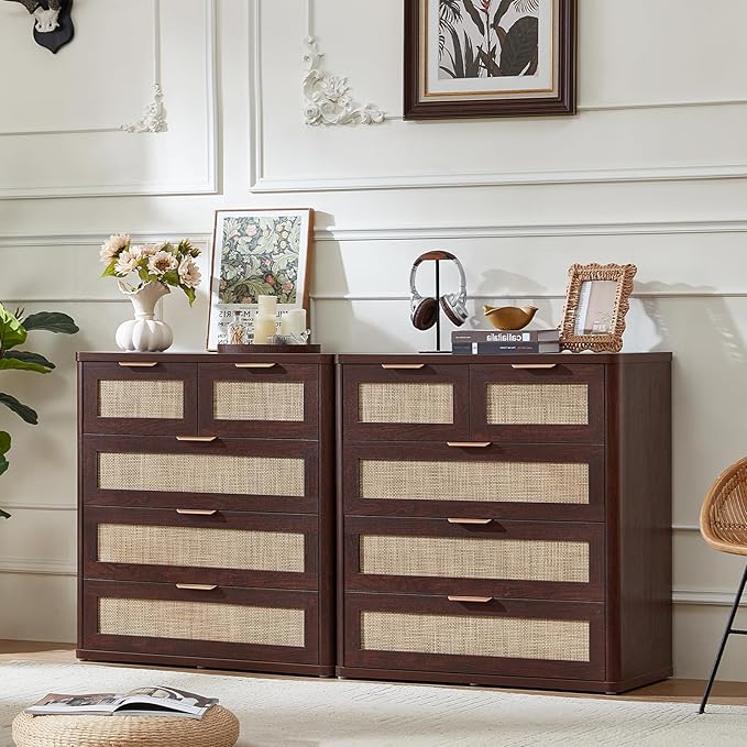 LEYAOYAO Dresser for Bedroom Set of 2, 33.5" Tall Chest of Drawers, Modern 5 Drawers Boho Rattan Dressers with Storage, Dresser Wooden Closet Organizer for Living Room, Hallway