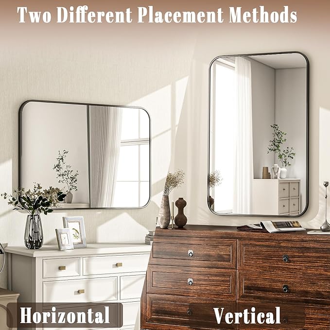 24x36 Inch Bathroom Mirror - Wall Mounted Vanity Mirror with Round Corner Aluminum Alloy Frame, Hanging Horizontally Vertically for Living Room, Bedroom, Hallway as Home Decor, Black