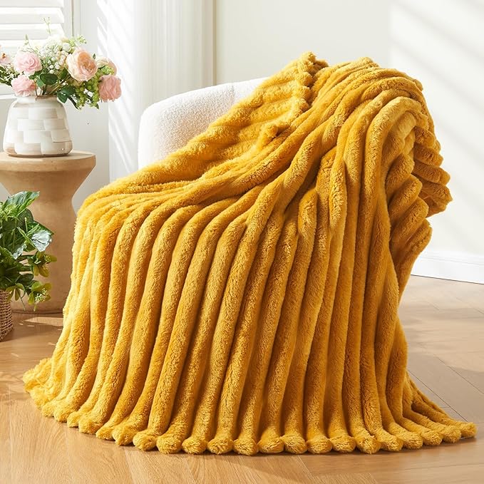 NEWCOSPLAY Super Soft King Blanket Mustard Yellow Premium Silky Flannel Fleece 3D Ribbed Jacquard Lightweight Bed Blanket All Season Use (Mustard Yellow Ribbed, King(90"x110"))