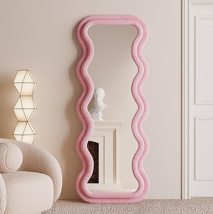 BOJOY Full Length Wavy Mirror, 63"x24", Arched Floor & Wall Mirror - Standing, Hanging or Leaning - Flannel Wrapped Wooden Frame - Pink