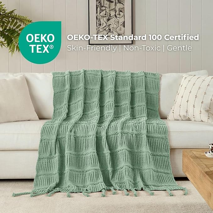 Boho Knitted Chenille Blanket with Tassels - Lightweight & Soft All-Season Throw - 3D Classic Pattern for Living Room Bedroom Couch, Sage Green, King 90"x108"
