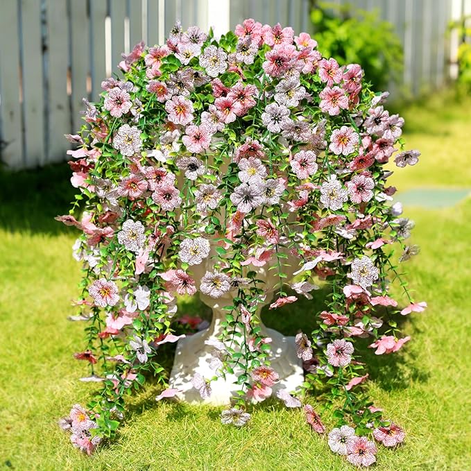 Artificial Flowers for Outdoors Spring Decor, 6 Bundles UV Resistant Realistic Fuax Silk Hanging Flowers, Fake Plants for Planter Indoor Outside Garden Porch Patio Balcony Yard (Pink White)