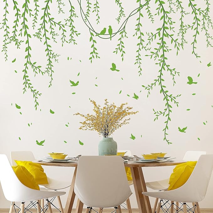 Hanging Willow Branch Wall Stickers DIY Green Vine Leaf Plant Wall Decals Peel and Stick Grass Birds Butterfly Art Mural Decortions for Kids Baby Girls Nursery Bedroom Living Room Offices Classroom (Green)