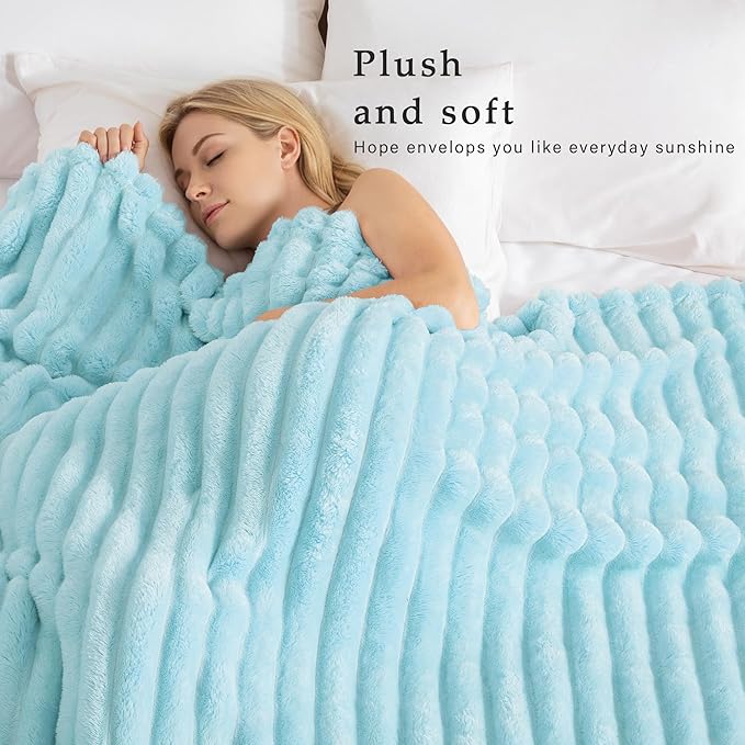 Exclusivo Mezcla Fleece Throw Blanket for Couch, Super Soft Striped Jacquard Bed Blanket, Lightweight Fuzzy Cozy for All Seasons, 50x60 Inches, Light Blue
