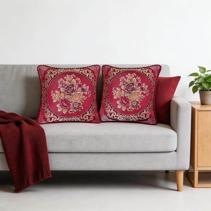 SZHELEJIAM Throw Pillow Covers 18x18 Set of 2, Jacquard Retro Embroidered Cushion Covers for Sofa Living Room, Red Decorative Pillow Cases Red