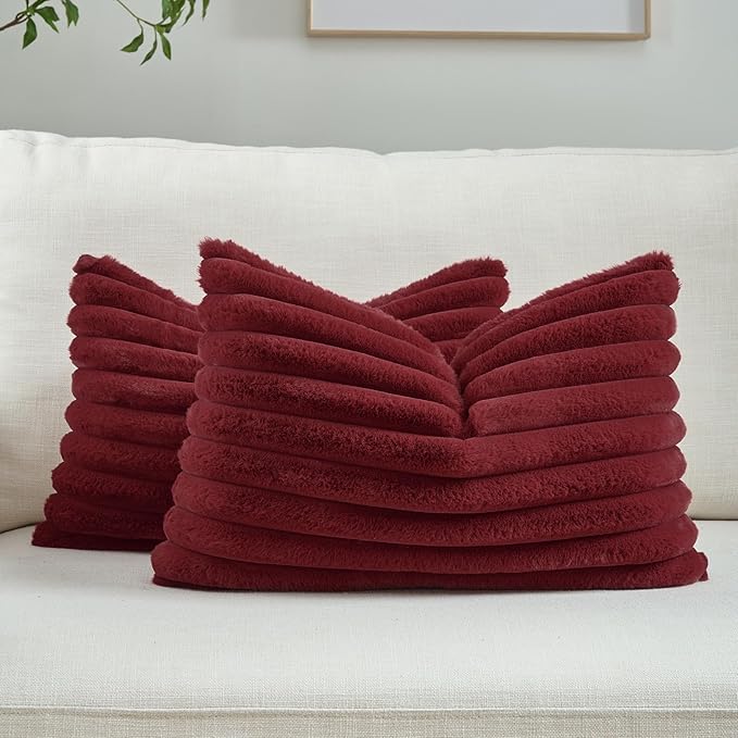 FUTEI Burgundy Decorative Throw Pillow Covers Set of 2, 12x20 Inch Soft Fluffy Faux Fur Plush Striped Lumbar Pillowcases, Modern Home Decor for Couch Bed Living Room