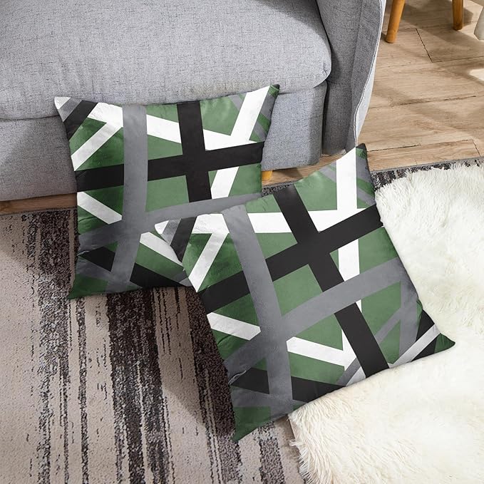 Emvency Set of 2 Throw Pillow Cover Sage Green Black Stripes Grey White Design Retro Decorative Pillow Case Striped Home Decor Square 18x18 Inch Cushion Pillowcase
