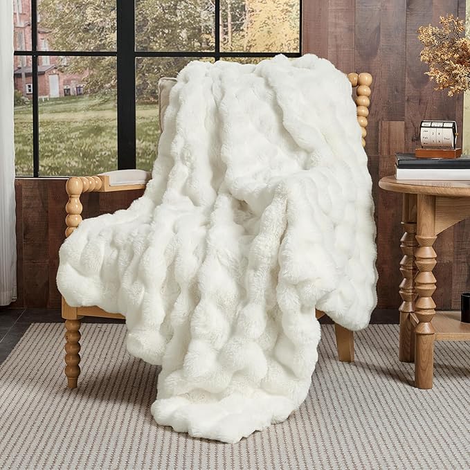 Lotus Karen Queen Size Faux Fur Blanket - Cream White Big Bubble Rabbit Fluff, 90x90 Inches
