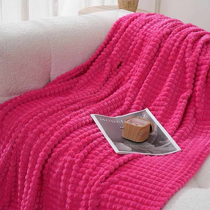 Puncuntex Flannel Fleece Throw Blanket Hot Pink 60"×80",Super Soft Plush Cozy Blanket with Square Grid Design Luxury for Couch Sofa Chair