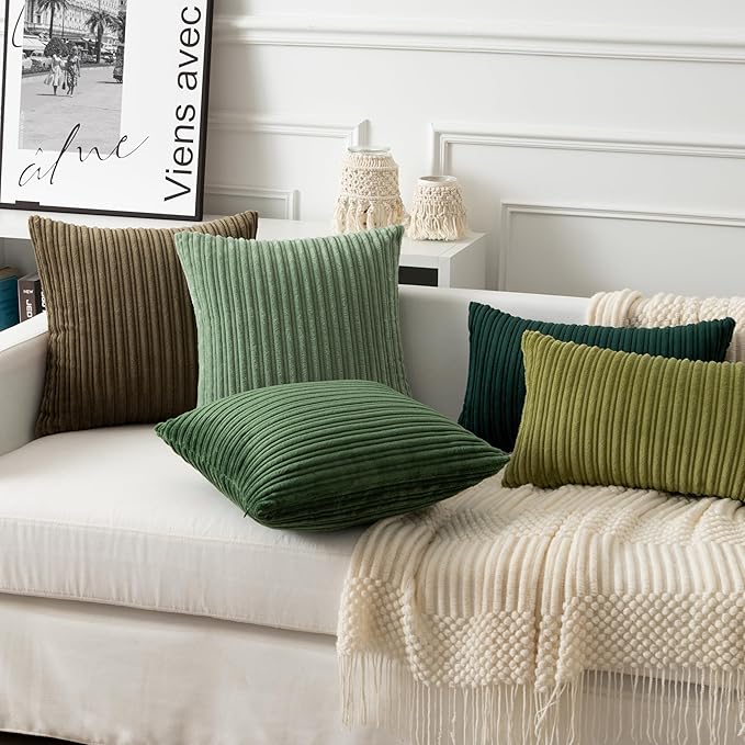 UGASA Velvet 16x16 Inch Soft Throw Pillow Covers Decorative Corduroy Striped Both Sides Solid Square Cushion Cases Boho Farmhouse for Couch Bedroom Sofa Home, Pack of 2, Moss Green