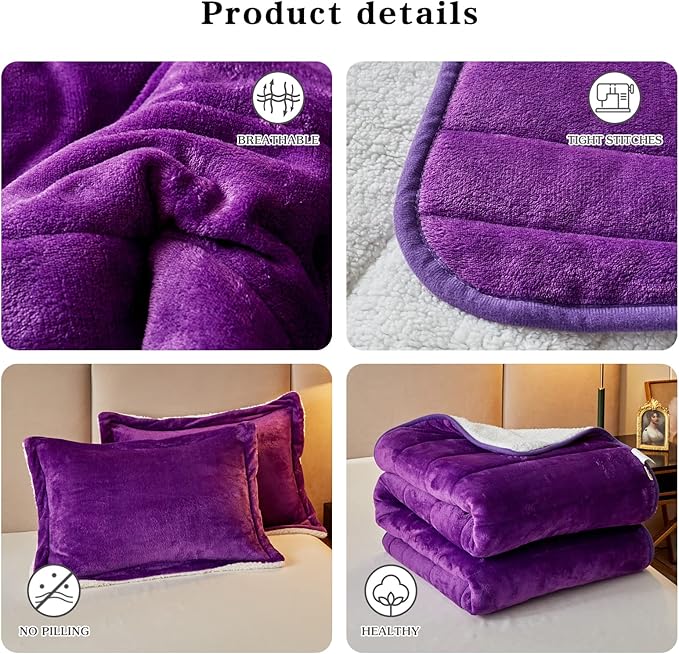 3-Layer Luxury Flannel Fleece Thick Bed Blanket Full Queen Size, Soft Plush Velvet Sherpa Blanket with 2 Pillow Shams Heavy Warm for Winter, Breathable n Washable, Purple