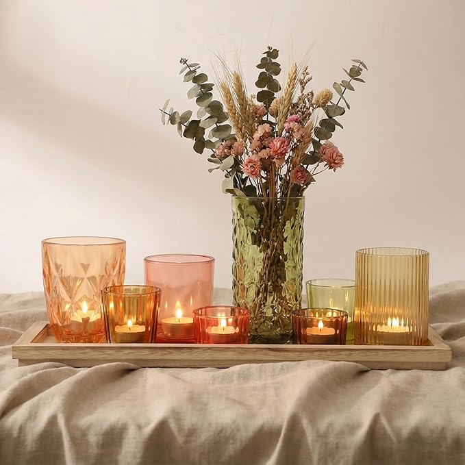Votive Candle Holders Set with Wooden Tray - 8 Piece Rustic Colored Glass Candlestick & Solid Wood Centerpiece Decor for Mantel, Dining Table, Farmhouse Wedding Decor