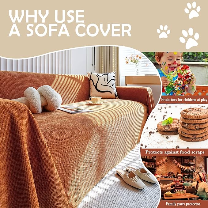 HANDONTIME Brunt Orange Couch Covers for 3 Cushion Couch Sofa Washable Corduroy Jacquard Sofa Slipcovers Caramel Couch Cover for Kids Soft Chenille Sofa Covers Couch Cover Blanket Thick, 91" X134"