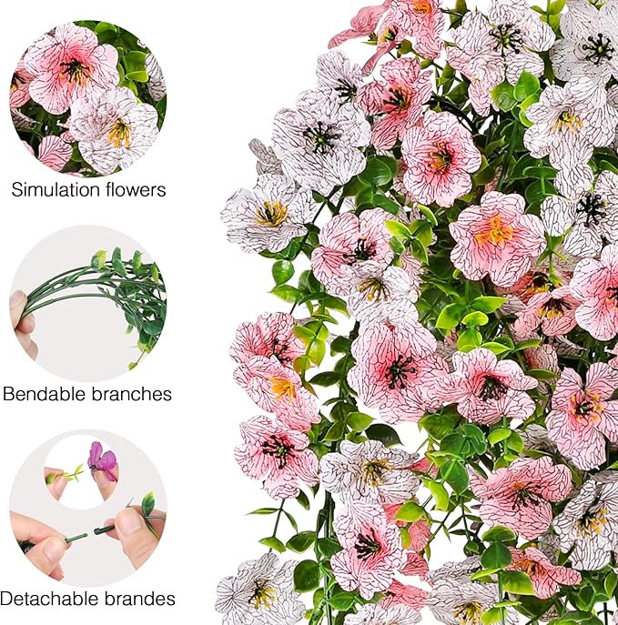 Artificial Flowers for Outdoors Spring Decor, 6 Bundles UV Resistant Realistic Fuax Silk Hanging Flowers, Fake Plants for Planter Indoor Outside Garden Porch Patio Balcony Yard (Pink White)