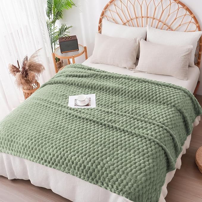 Vessia Flannel Fleece Twin Blanket, 3D Jacquard Sage Green Fuzzy and Warm Blanket for Couch, Sofa, Bed, 300GSM Super Soft Touch Cozy Home Decor for All Seasons (60x80 inches)